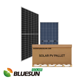 Front and rear view of BlueSun 460W Bifacial Solar Panel pallet quantity 
