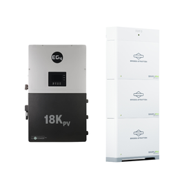 front face view of EG4 18kPV next to a 3 stack of Briggs and Stratton SimpliPHI batteries with controller