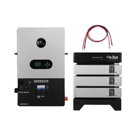 Front face view of EG4 12000XP next to a 3 stack of EnergyCell 5 Batteries with BMS Junction Box and Battery Base