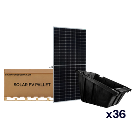 Signature Solar PV Pallet next to Waaree 575W and PowerField PowerRack 1200 Mounts