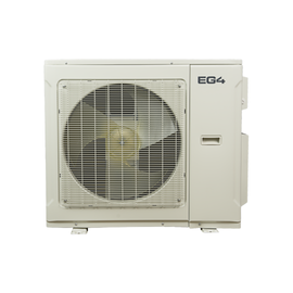 Front-facing and side profile view of a mini split outdoor unit on a clean white background.