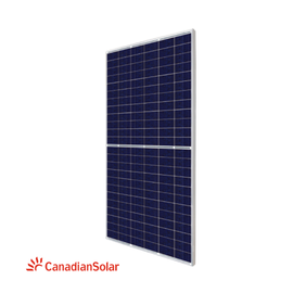 Canadian Solar 415W bifacial solar panel front-facing and tilted to the right