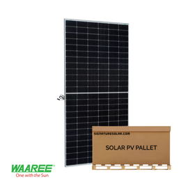 Waaree Grade B Solar panel pallet  tilted to the right on a white background 