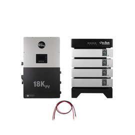 Front facing EG4 18kPV inverter next to a 4 stack of EnergyCell 5 Batteries and battery cables underneath