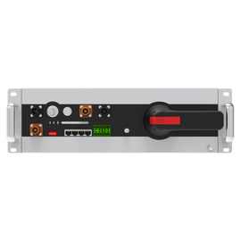 Front-facing rack-mounted high-voltage battery control unit with ports, LEDs, and rotary disconnect.
