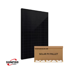 Sunpro Power 440W bifacial black-on-black solar panel front-facing angled view on a white background with Sunpro Power logo.