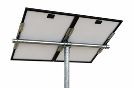 Tamarack Solar UNI-PGRM-2P1 adjustable top-of-pole solar panel mount supporting two portrait-oriented solar modules