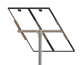 Tamarack Solar UNI-PGRM-2P1-47 adjustable top-of-pole solar panel mount supporting two portrait-oriented solar modules 