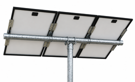 Tamarack Solar UNI-PGRM-3P1 top-of-pole solar panel mount supporting three portrait-oriented solar modules