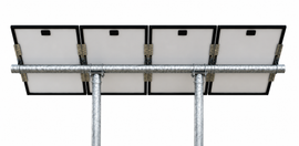 Tamarack Solar UNI-PGRM-4P2 adjustable top-of-pole solar panel mount supporting four portrait-oriented solar modules on a two galvanized steel post mounting system with adjustable tilt.