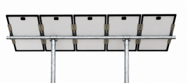 Tamarack Solar UNI-PGRM-5P2 adjustable top-of-pole solar panel mount supporting five portrait-oriented solar modules on a galvanized steel dual-post mounting system with adjustable tilt.