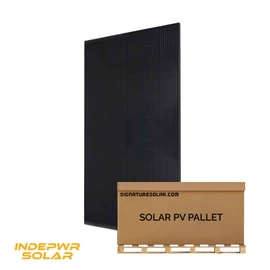 Front-facing Indepwr 450W Pallet of Bifacial Solar Panel, tilted left and facing right.