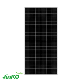 Front-facing view of a Jinko Solar 410W monofacial solar panel standing upright on a white background. 