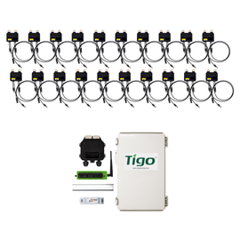 Tigo solar optimization bundle featuring twenty TS4-A-O 725W module-level power optimizers, one Cloud Connect Advanced (CCA), one Tigo Access Point (TAP), outdoor-rated enclosure, DIN rail, and power supply for module-level monitoring and rapid shutdown.