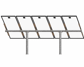 Tamarack Solar UNI-PGRM-5P2-47 adjustable top-of-pole solar panel mount supporting five portrait-oriented solar modules on a galvanized steel dual-post mounting system with adjustable tilt.