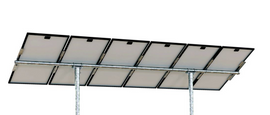 Tamarack Solar UNI-PGRM-6P2 adjustable top-of-pole solar panel mount supporting six portrait-oriented solar modules on a galvanized steel dual-post mounting system with adjustable tilt.