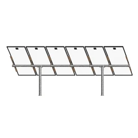 Tamarack Solar UNI-PGRM-6P2-47 adjustable top-of-pole solar panel mount supporting six portrait-oriented solar modules on a galvanized steel dual-post mounting system with adjustable tilt.