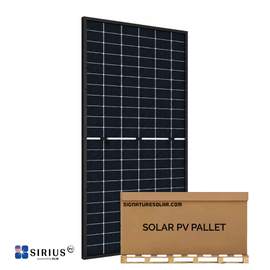 Sirius PV Pallet of 360W solar panel front-facing and tilted to the left