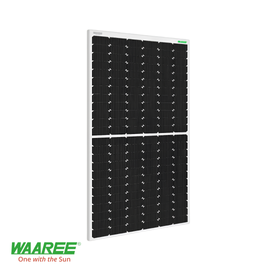 Front-facing view of the Waaree 540W solar panel, tilted to the right and facing left.