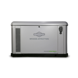 Briggs & Stratton PP18 standby home generator in a gray weather-resistant enclosure, shown from the front against a white background.  