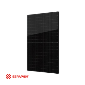 Seraphim black solar panel with red Seraphim logo on a white background.