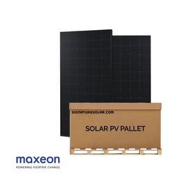 Maxeon all-black solar panels displayed behind a Signature Solar solar PV pallet box on a wooden pallet.