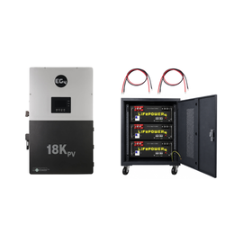 EG4 18kPV hybrid inverter paired with three EG4 LifePower4 48V lithium batteries installed in a wheeled battery rack with connection cables.