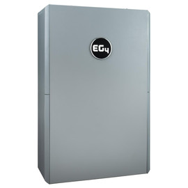Angled front view of EG4 wall-mounted lithium battery system with sleek gray housing and EG4 logo.