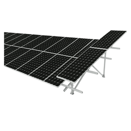 Angled view of Chiko USA GroundFlex U2V Solar Panel Ground Mount Kit showing full array mounted