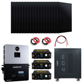 EG4 6000XP solar power kit with panels, rack batteries, inverter, cables, and battery cabinet