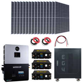 EG4 6000XP solar power kit with panels, rack batteries, inverter, cables, and battery cabinet