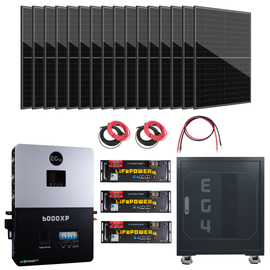 EG4 6000XP solar power kit with panels, rack batteries, inverter, cables, and battery cabinet