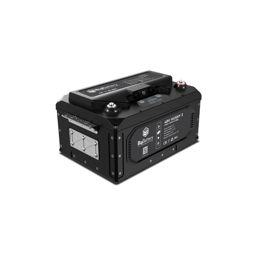 Angled view of the BigBattery 48V HUSKY 2 LiFePO4 battery, featuring a black enclosure with integrated handles, connection ports, and labeled specifications. 