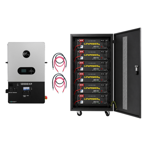 EG4 12000XP inverter and a full EG4 6 slot Battery rack with LifePower4 V2 Batteries. Two cables between them