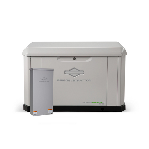 Briggs & Stratton PowerProtect standby generator with lid closed, shown with an automatic transfer switch positioned on the left side. Briggs & Stratton PowerProtect standby generator with lid closed, shown with an automatic transfer switch positioned on the left side.