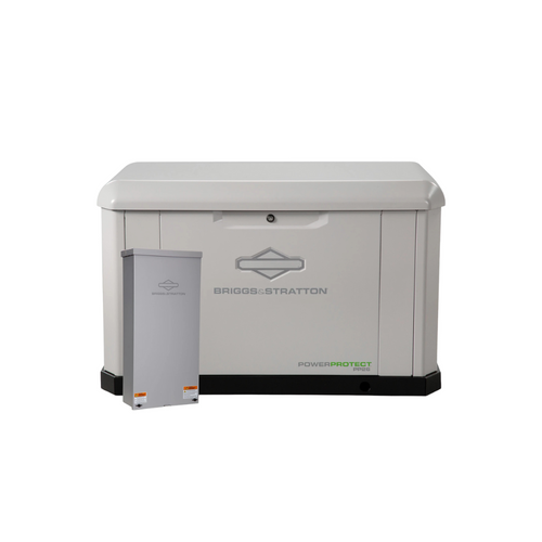 Front view of Briggs & Stratton PowerProtect standby generator with transfer switch, both showing visible safety stickers Front view of Briggs & Stratton PowerProtect standby generator with transfer switch, both showing visible safety stickers