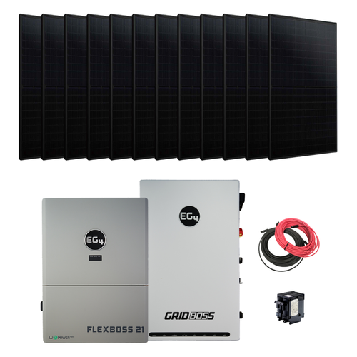 12 Lumina 405W Panels above EG4 FlexBOSS21 and GridBOSS with PV Cables and BSB 90A Breaker beside GridBOSS