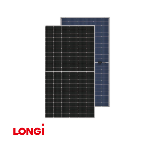 Front and back view of two LONGi solar panels with half-cut monocrystalline cells and red LONGi logo.
