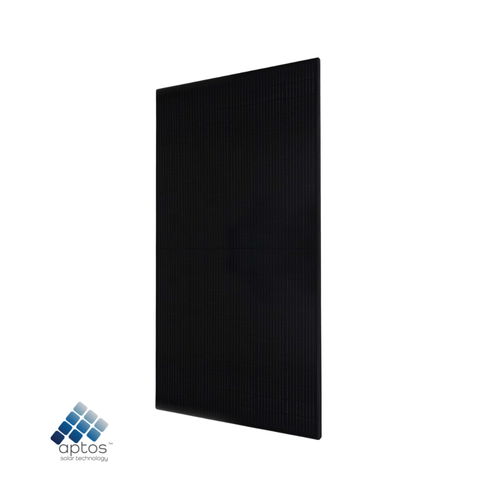 Front-facing view tilted to the left of an all-black Aptos 440W monofacial solar panel, on a white background.