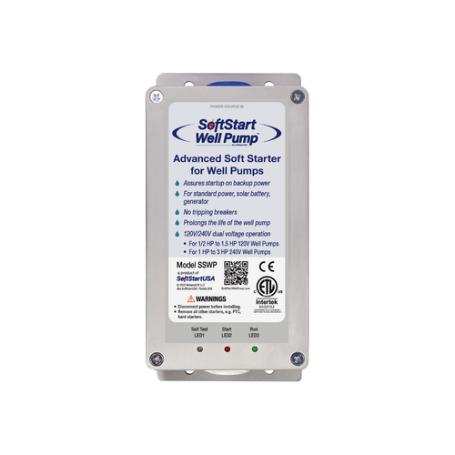 Front view of SoftStart Well Pump advanced soft starter with warning label