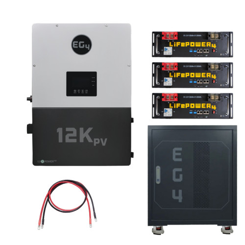 EG4 12kPV Hybrid Inverter next to a closed EG4 3 Slot battery rack that has three LifePower4 V2 Batteries above it