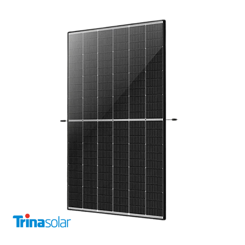Black Trina Solar panel, front view, all-black cells on white background.
