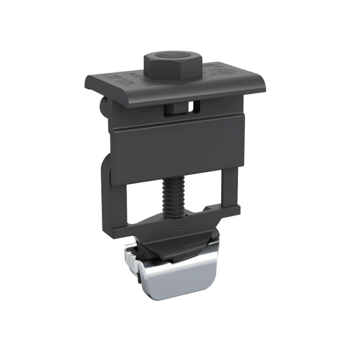 Close-up of a Pegasus black mid clamp with bolt, spring, and grounding clip for securely fastening solar panels to rails, ensuring stability and bonding.