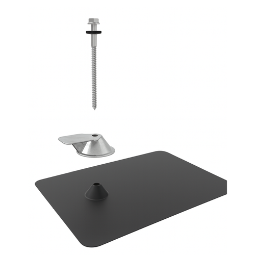 Pegasus Solar roof flashing with stainless screw, silver bracket, and black raised-cone plate for durable, watertight solar roof installation.