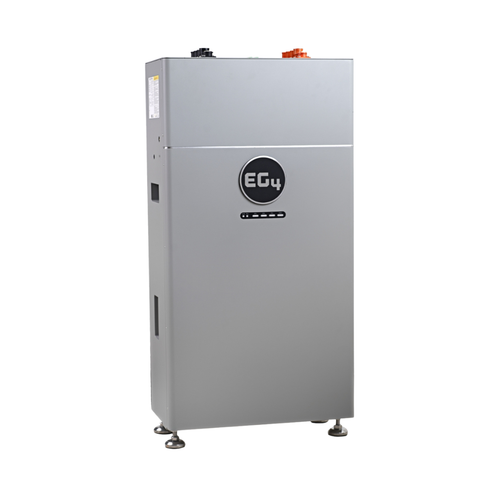 EG4 WallMount a tall, silver, rectangular lithium battery enclosure with black EG4 logo centered on the front panel, rounded edges, and adjustable metal leveling feet. The top section shows positive and negative terminal ports in red and black,