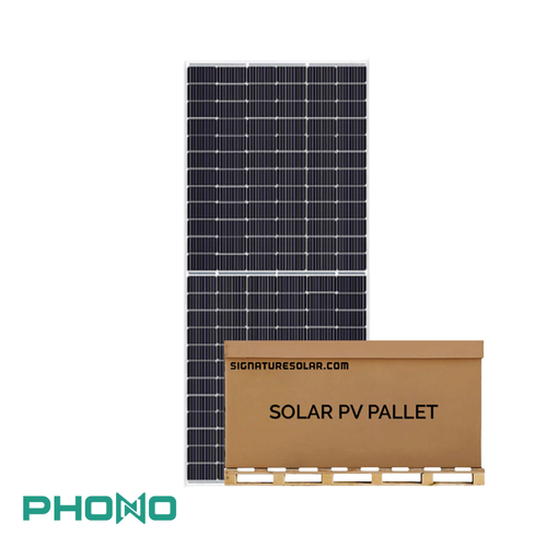 Pallet of Phono Solar panels with a boxed solar PV pallet in front of a monocrystalline module.