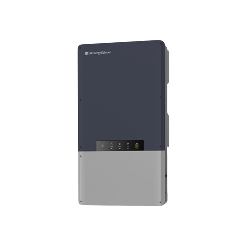 LG Energy Solution wall-mounted solar inverter with dark gray upper housing and light gray lower panel, front view.