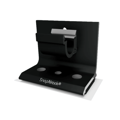 SnapNrack black metal solar mounting bracket with  three mounting holes for rooftop PV installations.