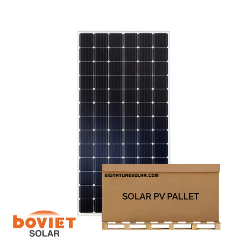 Pallet of Boviet 385W monocrystalline solar panel with black cells and silver frame 