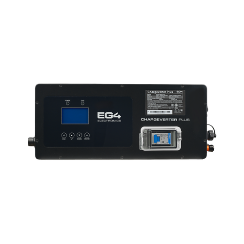 EG4 Chargeverter Plus 48V battery charger with LCD display, control buttons, and AC input. 